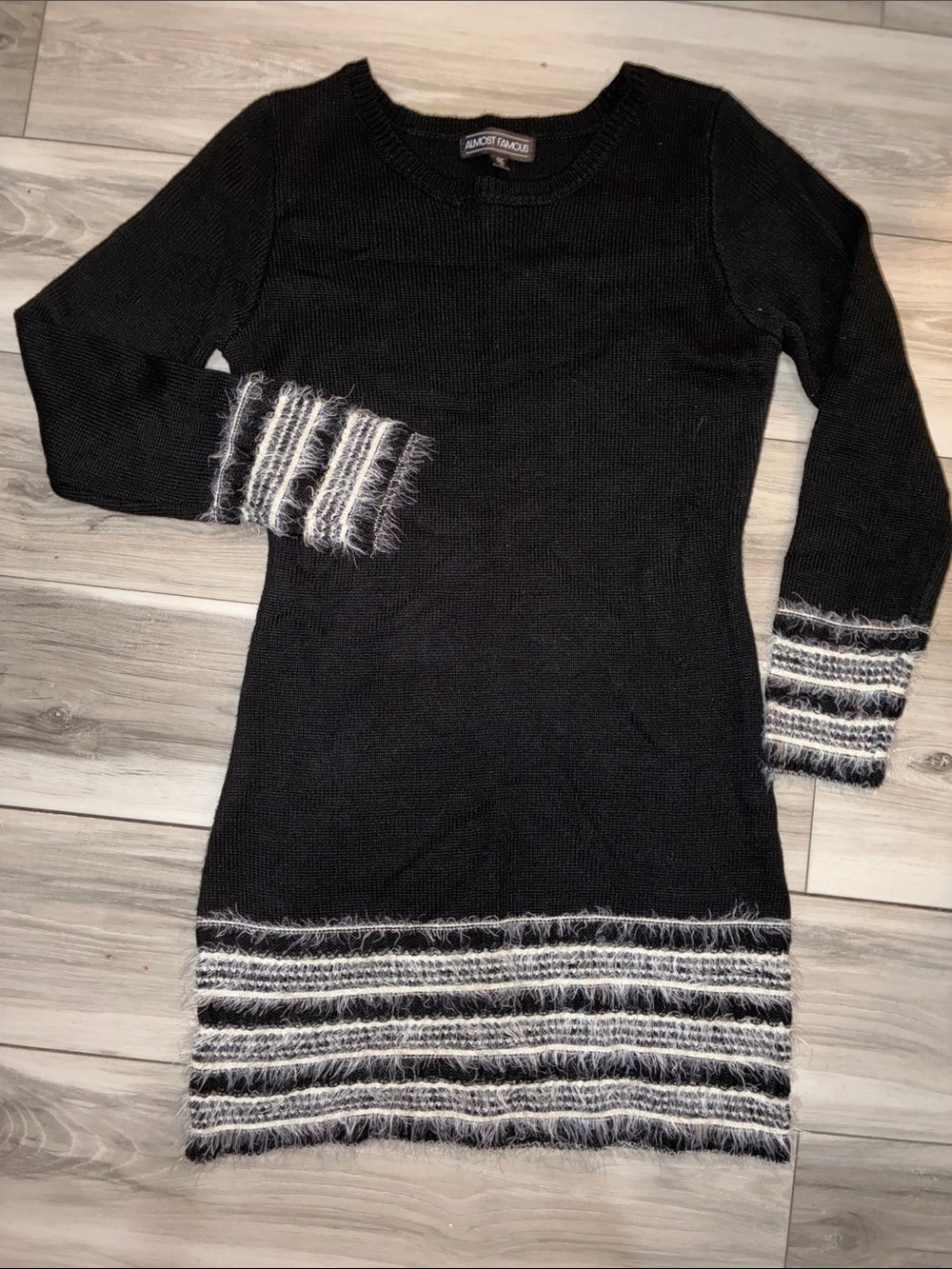 🔟 Almost Famous Black Long-Sleeve Sweater Dress with Striped Faux-Fur Trim